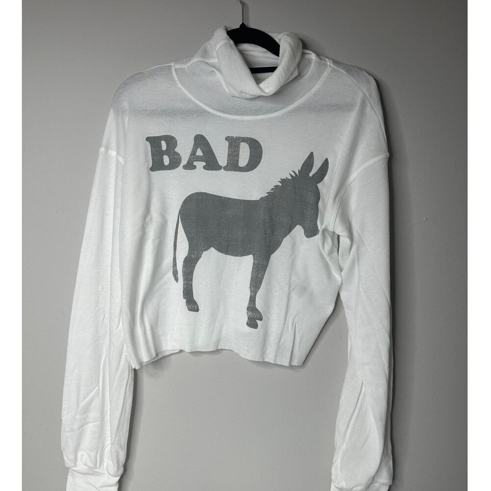 NWT Recycled Karma Bad Donkey White Cropped Turtle Neck Long Sleeve T-Shirt Sz S